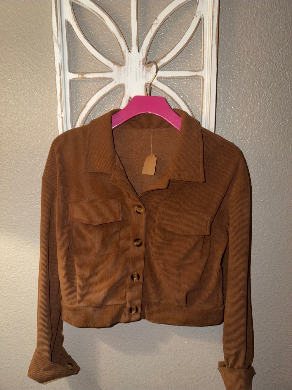 Cropped Button-Front Corduroy Shirt Jacket - Brown